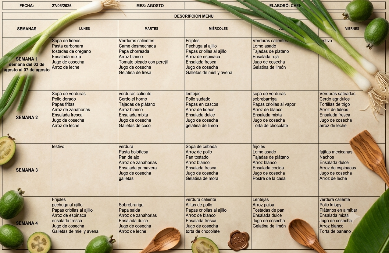 Minuta de Alimentos Agosto